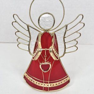 Stained Glass Christmas Angel Tea Light Candle Holder Red Heart Charm 7" Tall